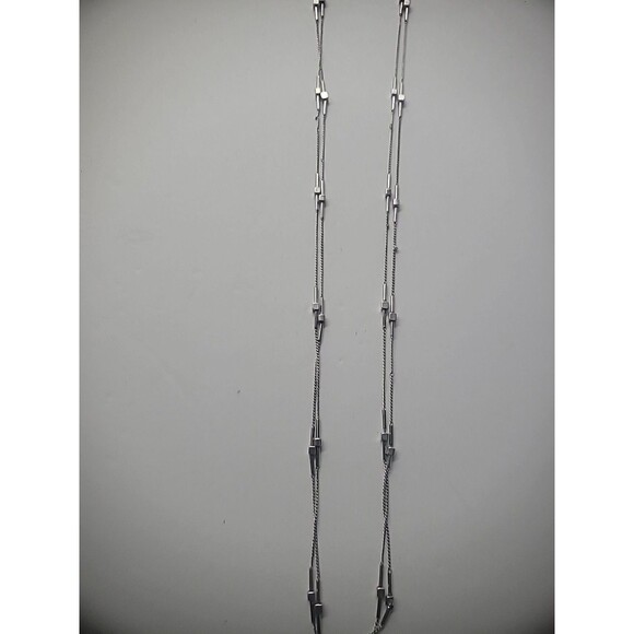 Vintage Necklace Silver Tone Double Strand Chain Bead Bar Jewelry Costume - Picture 11 of 12
